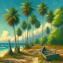 Seashore Sonata: A Coconut Garden Depiction - obrazy, fototapety, plakaty
