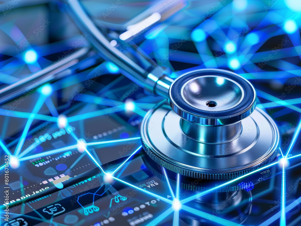 Aufkleber a medical device is displayed on a computer screen with a network of lines surro