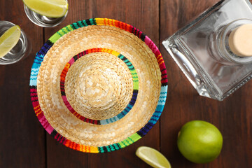 Mexican sombrero hat, tequila and lime on wooden table, flat lay
