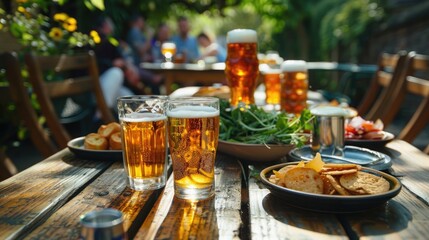 An enchanting image of a beer garden table set with snacks and pints, ready for a convivial gathering to mark Beer Day Britain. - obrazy, fototapety, plakaty
