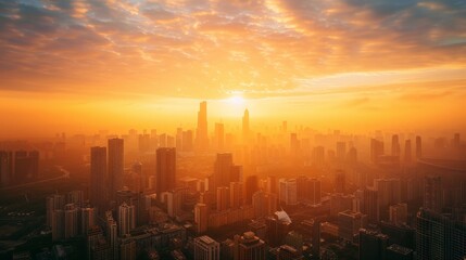 Fototapeta premium Majestic sunrise enveloping a bustling cityscape with golden hues, highlighting the dynamic silhouette of modern skyscrapers.