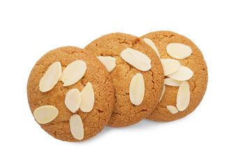 Cookies with fresh almond flakes isolated on white, top view