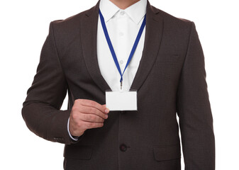 Man with blank badge isolated on white, closeup