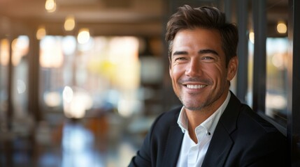 Charismatic and approachable businessman smiling warmly in a cafe setting, wearing a smart casual outfit, perfect for informal business meetings or a relaxed work environment.