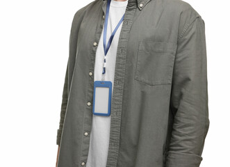 Man with empty badge on white background, closeup