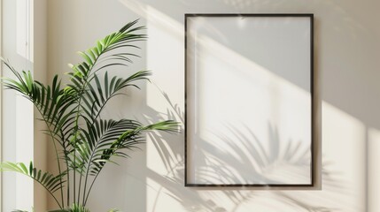 Modern interior design featuring a sleek black frame and shadows of tropical plants on a white...