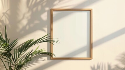 An elegant wooden frame on a white wall in a sunlit room surrounded by vibrant green houseplants, illustrating a peaceful and natural home environment.