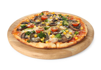 Delicious vegetarian pizza with mushrooms and vegetables isolated on white