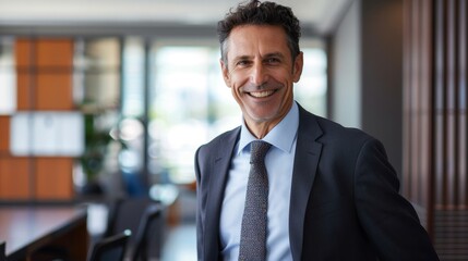 Fototapeta premium A cheerful senior executive in a stylish business suit smiling warmly in a contemporary office setting, embodying seasoned leadership and professional success.