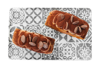 Round croissants with chocolate chips and cream isolated on white, top view. Tasty puff pastry