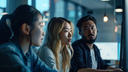 A diverse group of young professionals intently analyzing data on a computer screen in a corporate office setting, reflecting teamwork and dedication.