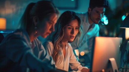 A team of three young professionals collaborates on a project late at night in a modern office, highlighting dedication and teamwork under pressure.