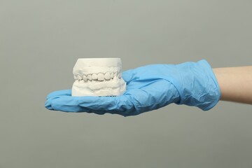 Doctor holding dental model with jaws on grey background, closeup. Cast of teeth