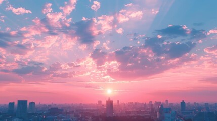 Obraz premium An ethereal urban skyline under a vibrant sunset, painting the clouds in shades of pink and purple, radiating peace and tranquility.