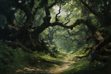 A dark and mysterious forest path, with towering trees and a thick canopy of leaves