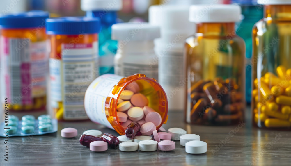 Poster a table with many different types of pills and a bottle of pills