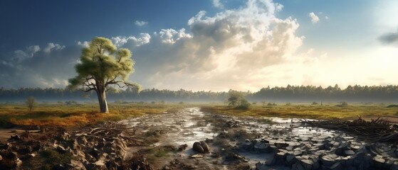 A photorealistic CG 3D image presenting a panoramic view of how climate change fuels the spread of diseases Focus on realistic textures and lighting to emphasize the connec
