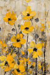 Abstract yellow flowers painting on canvas, in the style of impressionism, palette knife technique, high resolution, neutral background, hyper realistic oil paint