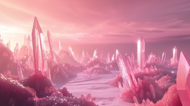 A mystical landscape with tall, pink crystalline formations under a soft, rosy sky, evoking a sense of wonder and extraterrestrial beauty.
