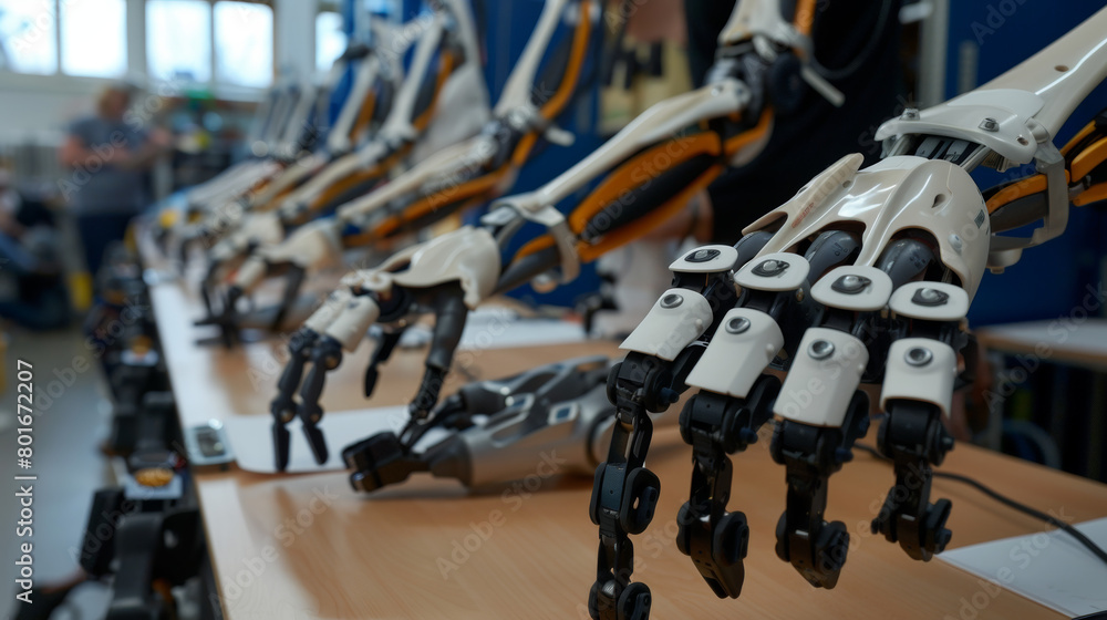 Poster a group of robotic arms are lined up on a table