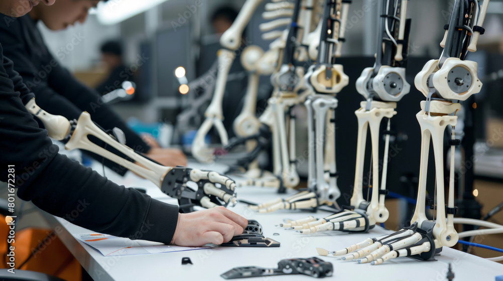 Poster a man is working on a skeleton model with a group of other skeletons