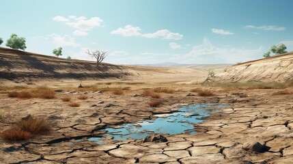 A lone puddle of water sits in the middle of a vast, dry desert
