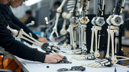 A man is working on a skeleton model with a group of other skeletons