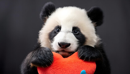 Panda cub clutching a colorful heart, a tender moment of love	