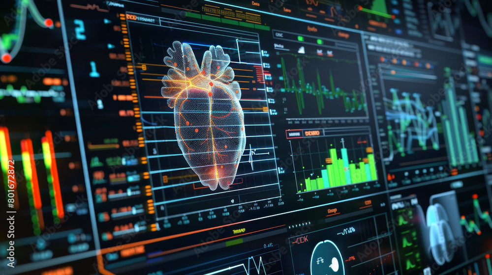 Poster a computer screen displays a heart made of lines and numbers
