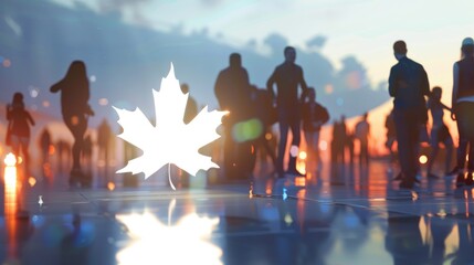 rendering blured people in front of big white symbol of maple leaf plant with subtle back light