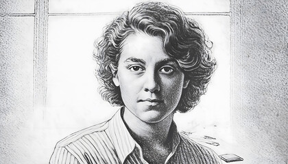 Monochrome portrait of a young woman in striped shirt with contemplative gaze	