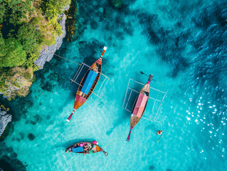 Stunning Aerial View: Long Tail Boats, Turquoise Water, Snorkeling in Phuket, Thailand