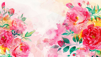 Soft Watercolor Minimalist of Bonica Rose Bouquet Border in Pink and Fuchsia Hues