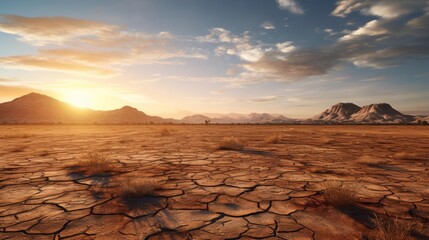 A vast desert landscape with a clear blue sky and a bright shining sun
