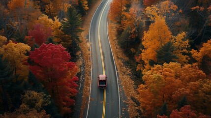 Spectacular Aerial View of a Vehicle Driving Along in Autumn - obrazy, fototapety, plakaty