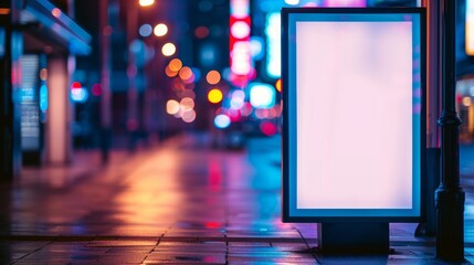 A blank billboard glowing brightly on a city street at night offering a perfect canvas for advertisements amidst a lively urban backdrop. - obrazy, fototapety, plakaty