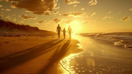 Obraz premium Silhouette of a family holding hands walking along a beach at sunset with vibrant golden hues and dynamic waves adding a picturesque backdrop
