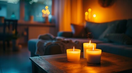 Multiple candles burning softly in a dimly lit living room providing a tranquil atmosphere ideal for relaxation and peace with blurred background enhancing the mood.