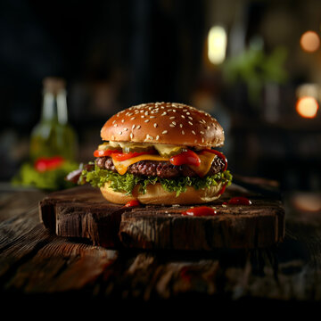 Juicy hamburger in dark room
