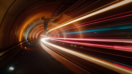 Fototapeta na wymiar Dynamic capture of light trails in a tunnel, illustrating the effect of motion and speed with bright red and white streaks against a dark background.
