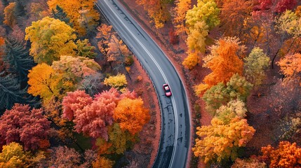 Spectacular Aerial View of a Vehicle Driving Along in Autumn