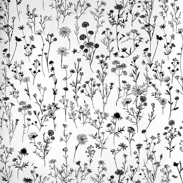 Wildflower Pattern: Black Line Drawings on White background 