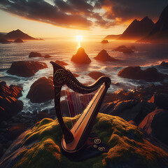 Majestic Celtic String Harp Lyre on Cliffs Stone Rocks in Shadow by Beautiful Middle Beach Ocean Sea Sunset Twilight Sky. Popular Tourist Fantasy Mermaid Symphony Attraction in Ireland World Music Day