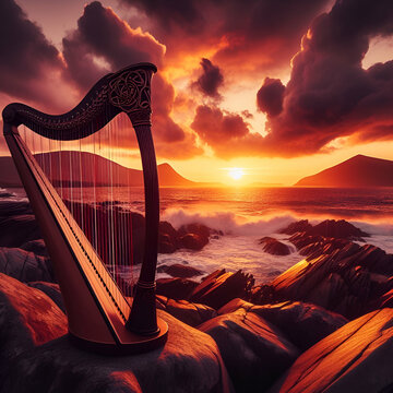 Majestic Celtic String Harp Lyre on Cliffs Stone Rocks in Shadow by Beautiful Middle Beach Ocean Sea Sunset Twilight Sky. Popular Tourist Fantasy Mermaid Symphony Attraction in Ireland World Music Day