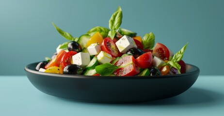 3D render of greek salad in black plate isolated on green backdrop, healthy food, illustration