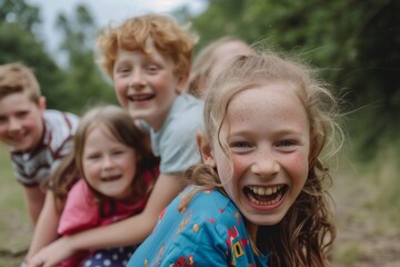 Portrait of a happy group of children outdoors. Selective focus.