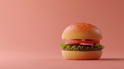 3D render of hamburger isolated on orange backdrop, American food, copy space