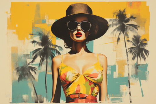 Fashionable woman in floral swimsuit and big hat, wearing large sunglasses. Tropical abstract background with palm trees