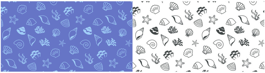 sea beach shell seamless pattern background, cute clam, starfish and coral reef creature pattern