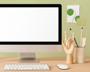 Minimal creative designer workspace, computer with blank screen